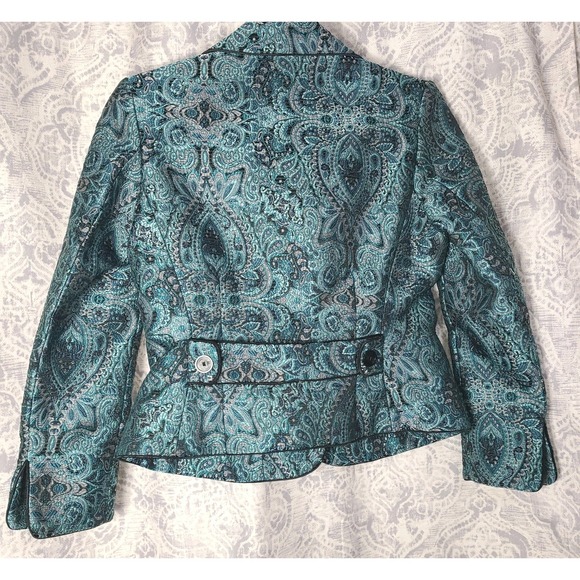 Hannah & Gracie Teal Paisley Textured Blazer Jacket Womens 0P Petite Cropped EUC - Picture 3 of 5